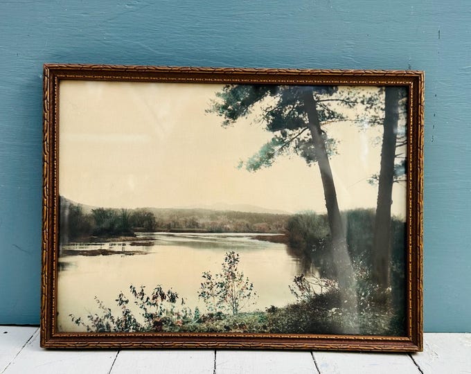 Vintage Mid Century Framed Landscape Photograph River Lake Nature Scene Rustic Cabin Wall Decor