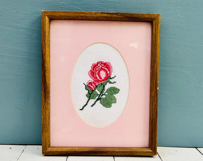 Vintage Framed Rose Cross Stitch Cottagecore Floral Needlework Wall Decor