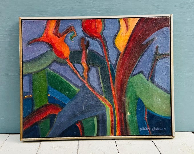 Vintage MCM Original Abstract Oil Painting on Canvas Colorful Oil Moody Floral