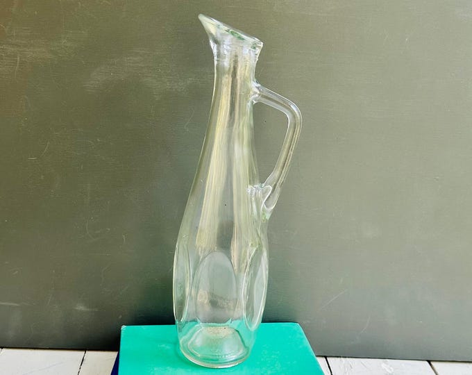 Vintage Clear Glass Decanter Bottle with Handle | Tall Rustic Wine Carafe | Farmhouse Barware Bottle