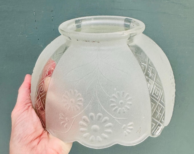 Vintage Frosted Glass Lampshade Etched Floral Daisy and Lattice Patterns