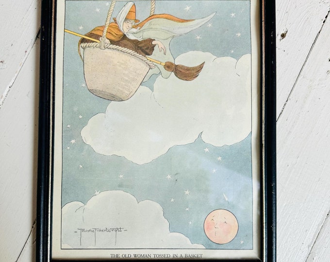 Antique 1930s Blanche Fisher Wright Framed Nursery Rhyme Print, "The Old Woman Tossed in the Basket", 30s Vintage Nursery Rhyme Picture