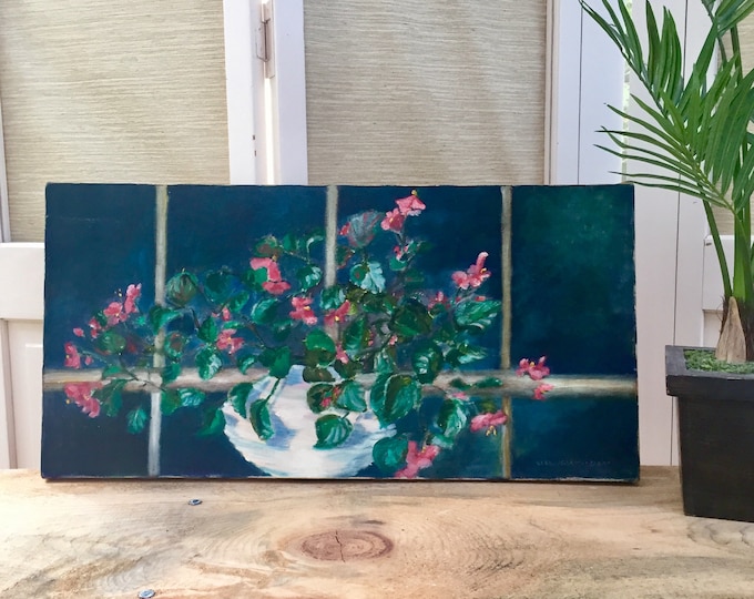 Vintage floral oil painting, long horizontal still life pink flowers moody wall art
