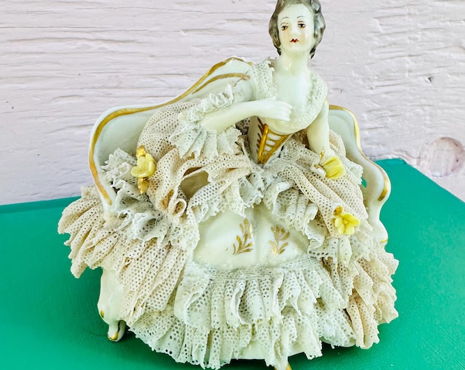 Antique Early 1900s Dresden German Lace Porcelain Figurine Lady on a Sofa