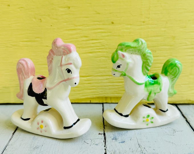 Vintage Ceramic Rocking Horse Candle Holders Pair Pink Green Pastel Nursery Decor Mid Century Kitsch Baby Shower Decor Retro Horse Figurines