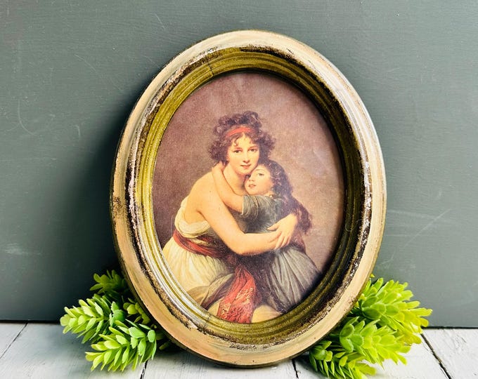 Vintage Made in Italy Romantic Portrait Print | Oval Framed Mother & Child Wall Art | French Cottage Decor