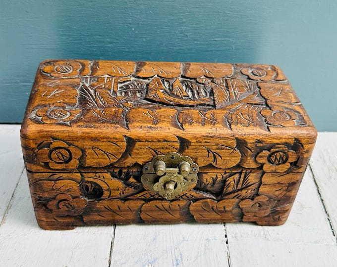 Vintage Hand Carved Camphor Wood Jewelry Box, Asian Keepsake Chest, Floral Trinket Box, Brass Latch Storage Box, Wooden Treasure Box