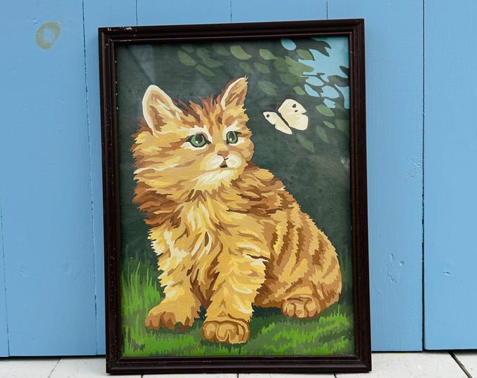 Vintage Mid Century Framed Paint By Number Kitten Painting Cute Orange Tabby Cat Wall Art Butterfly