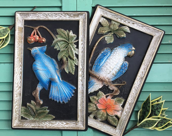 Vintage Blue Bird Picture, Pair of Vintage Bird Pictures, Bird and Flower Pictures, Vintage Bird Wall Hanging