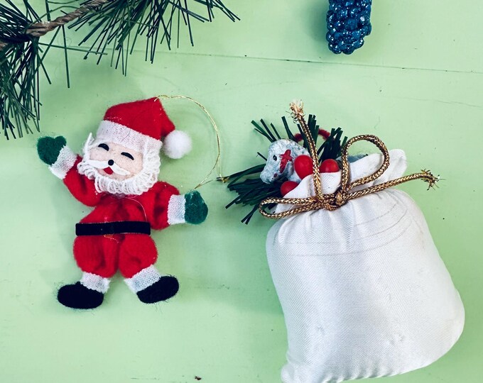 Vintage 50s Spun Cotton Santa Ornament Toy Bag Ornament Set Mid Century Santa Ornament Vintage Kitschy Christmas Decor 60s Xmas Ornaments