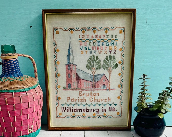 Antique Crewel Embroidery Picture Church Williamsburg Parish Flowers ABCs Embroidered Wall Decor Farmhouse Picture Fiber Art Cross Stitch