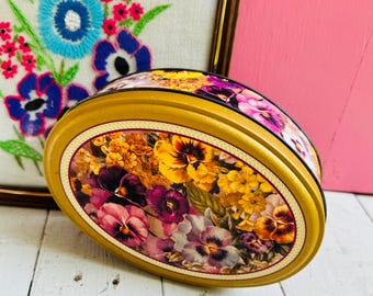 Vintage Pansy Tin Floral Biscuit Tin Oval Cookie Tin Cottagecore Storage Box English Garden Decor