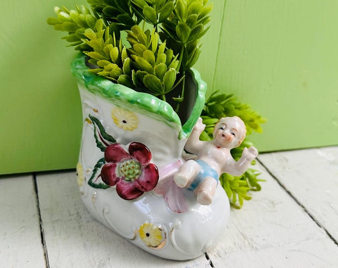 Vintage Hand Painted Japan Baby in Shoe Vase Planter, Mid Century Nursery Decor, Ceramic Boot Vase, Cherub Baby Planter, Floral Shoe Vase