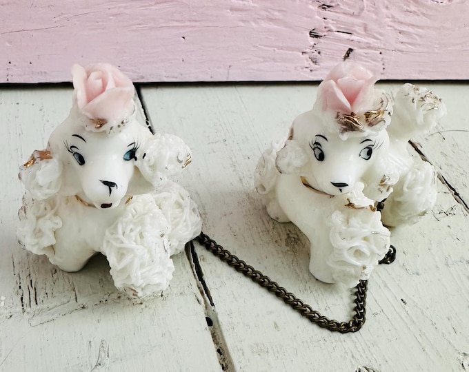 Vintage Lefton Spaghetti Poodle Chained Pair White Fancy Poodle Figurines