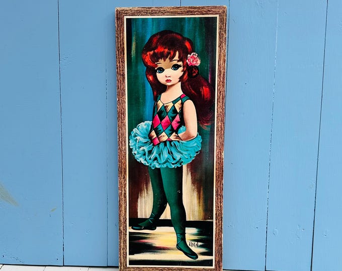 Vintage Mid Century Eden Big Eye Ballet Dancer Girl Print on Board Mod Wall Art 20x8 Retro Kitsch Decor