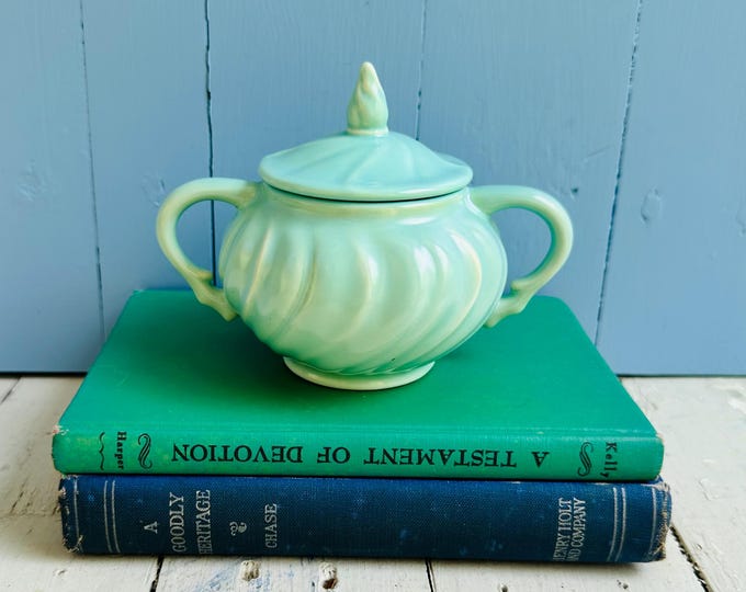 Vintage Franciscan Ware Covered Sugar Bowl | Seafoam Green California Pottery | Art Deco Swirl Ceramic Dish