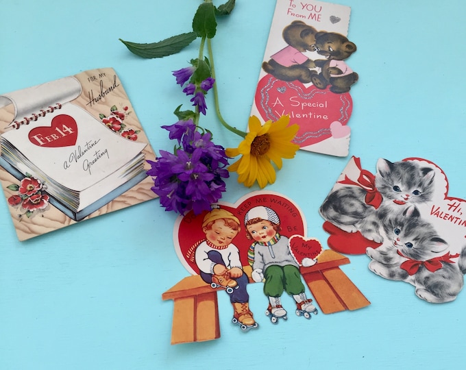 Vintage Valentines Cards, Set of Four, Vintage Valentine Ephemera, Vintage Valentine Decor, Vintage Valentine Greeting Cards