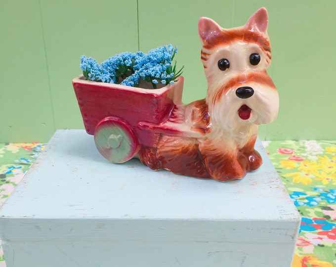 Vintage 1960s Ceramic Dog with Cart, Vintage Terrier Dog Planter