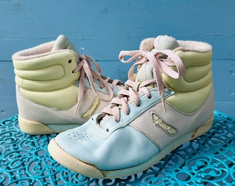 Vintage 1980s BassAir Pastel High Top Sneakers Leather Athletic Shoes Pink Blue Yellow Size 5.5