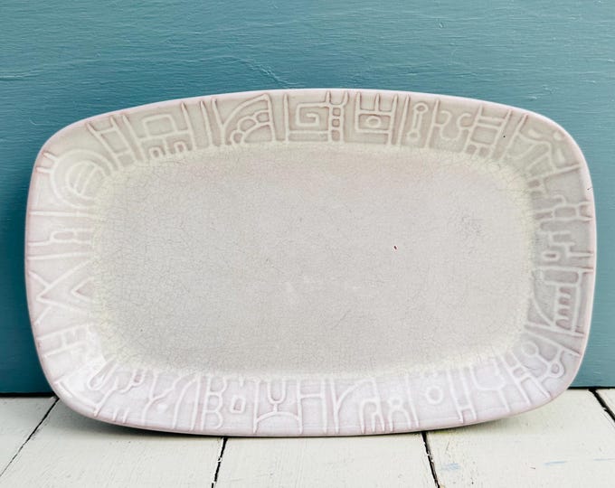 Vintage 1950s Frankoma Pottery Platter Mayan Aztec Pattern Rectangular White Sand Glaze