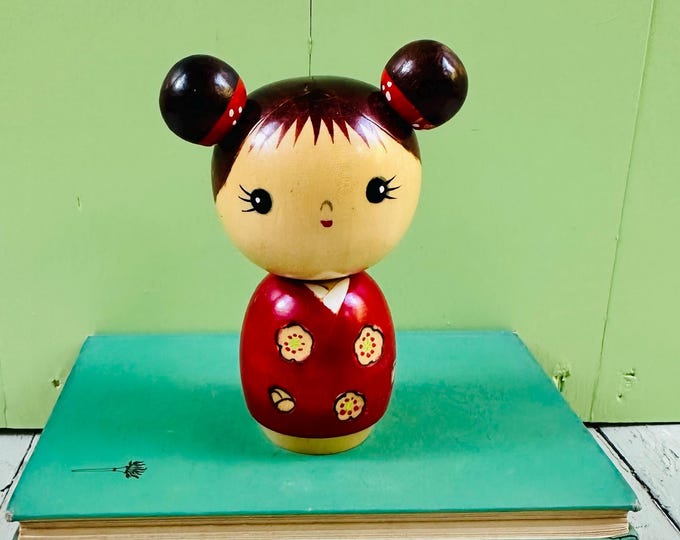 Vintage Kokeshi Doll Japanese Wooden Girl Red Kimono Hair Buns Kawaii Folk Art Hand Painted Wood Figurine