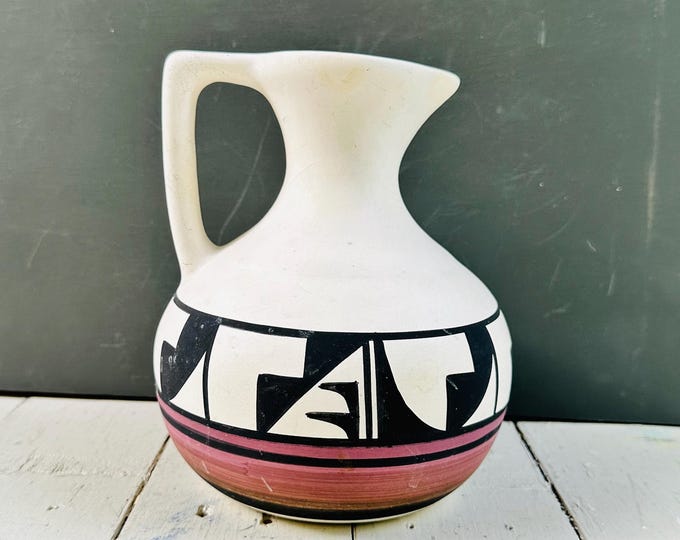 Vintage Ute Mountain Tribe Pottery Pitcher Signed Ruth Root Native American Southwest Ceramic Vessel Geometric Design
