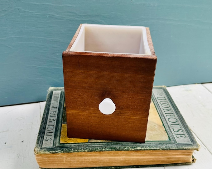 Vintage Small Wooden Drawer Planter with Plastic Insert Small Faux Cabinet Cachepot Desk Organizer Rustic Wood Plant Holder