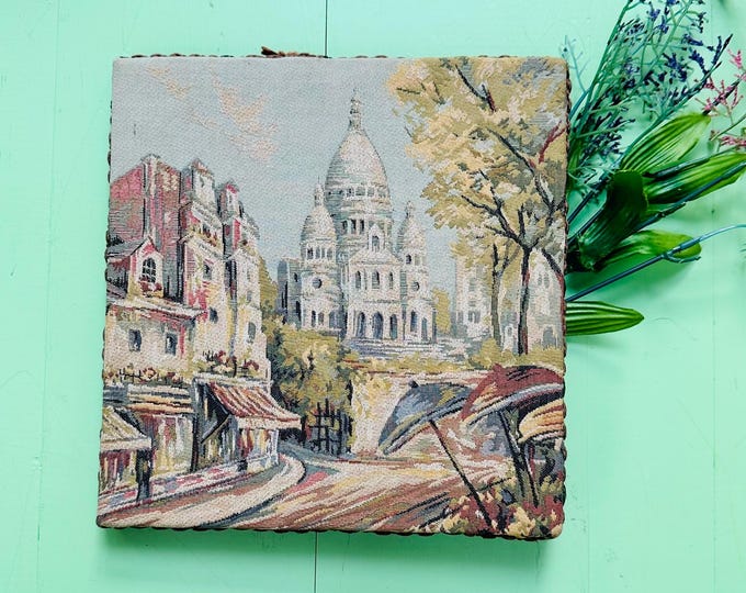 Vintage French Tapestry Wood Framed Block Picture, Sacre-Coeur Basilica Paris European Wall Picture Hanging