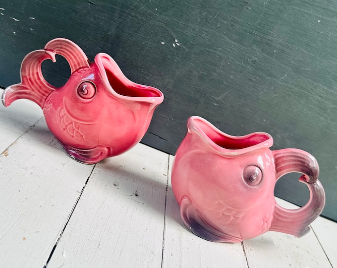 Rare MCM Fish Mugs, Pair Mid Century Fish Coffee Mugs, Vintage Big Fish Cups, 1960s Coffee Mugs, Pink Fish Mugs, German Fish Mugs