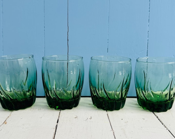 Vintage MCM Anchor Hocking Green Swirl Tumblers, Set of Four Drinking Glasses