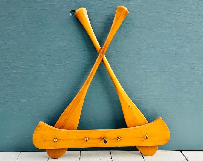 Vintage 1950s Wooden Canoe and Crossed Paddles Wall Rack with Hooks, Old Town Canoe Maine Wall-Mounted Rack