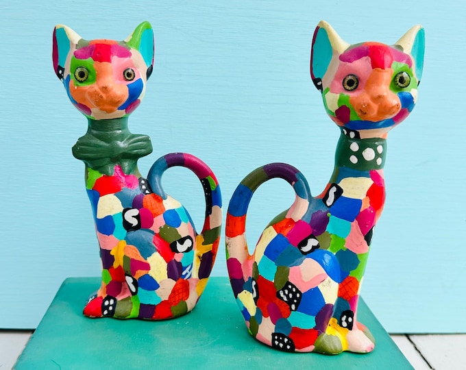 Vintage 1960s Cat Figurine Pair, Patchwork Patterned Ceramic Cat Knick Knack, Folk Art Cats, 6.5" tall