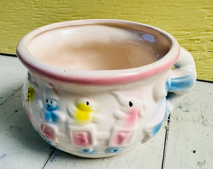Vintage Royal Imports Nursery Rhyme Planter Pink Blue Ceramic Baby Room Planter Cottagecore Nursery Decor