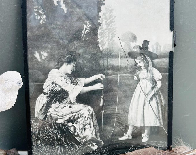 Antique Framed Peterson's women's magazine engraving of a woman and child fishing