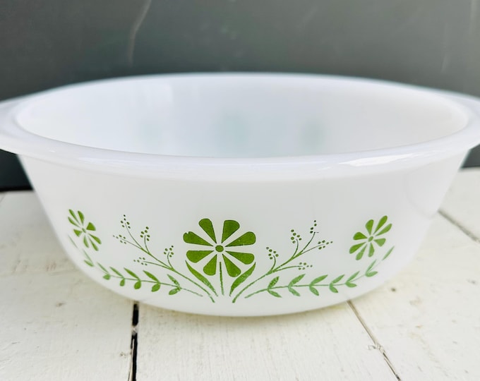 Vintage Glasbake milk glass casserole dish with green floral daisy pattern, 1 1/2 quart dish
