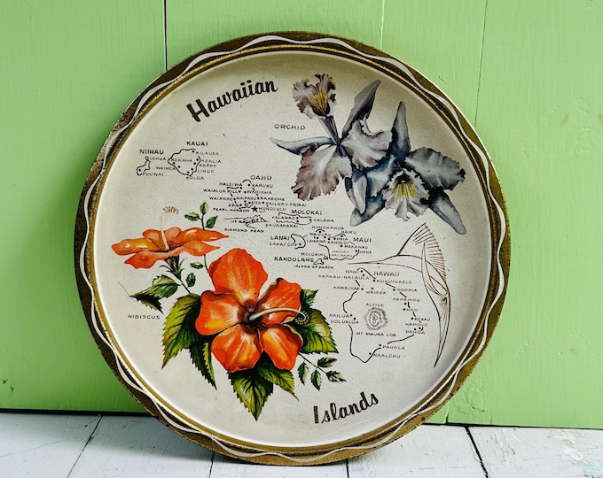 Vintage Hawaiian Islands Metal Tray Hibiscus Orchid Souvenir Serving Tray Hawaii Map Mid Century Tropical Decor