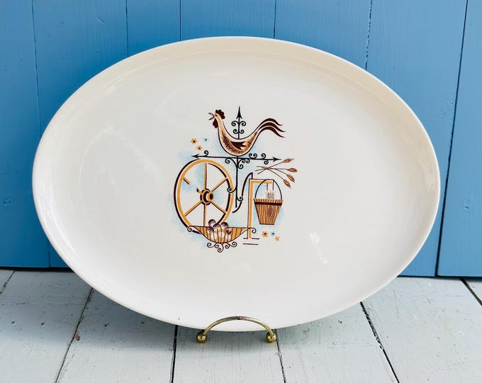 Vintage rooster serving platter, mid century farmhouse, ceramic oval platter, retro kitchen wall decor