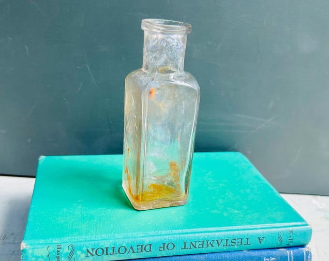 Antique Glass Apothecary Bottle | Primitive Rustic Decor | Early Medicine Bottle | Farmhouse Shelf Styling | Aged Clear Glass Bottle