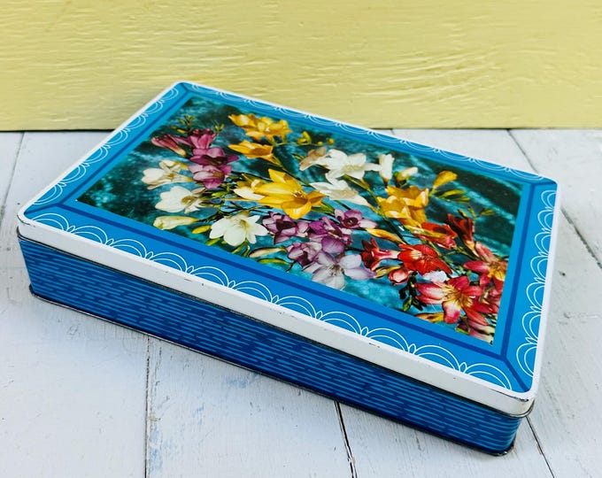 Vintage Elkes Biscuit Tin Blue Floral Flowers 1970s English Cookie Tin Uttoxeter England Rectangular Storage Box