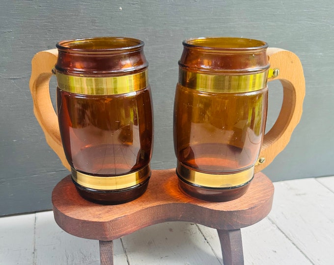 Vintage 1970s Siesta Ware Barrel Mugs, Set of Two, Vintage Amber Beer Mugs, 1970s Barware, Vintage Guys Gift, Vintage Bar Glasses, 70s Mugs
