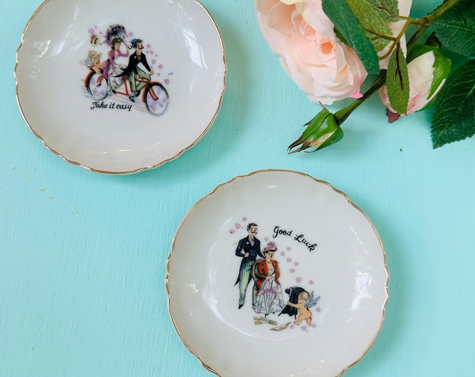 Vintage Small Trinket Dishes Valentines Day Small Plates Good Luck, Take it Easy Trays, Vintage Dresser Decor, Vintage Wedding Gift