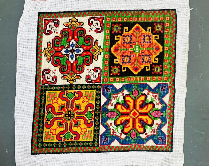 Vintage 60s Crewel Embroidery Large Unframed Geometric Psychedelic Squares Kaleidoscope Fiber Art Unique Designs 1960s Needlepoint