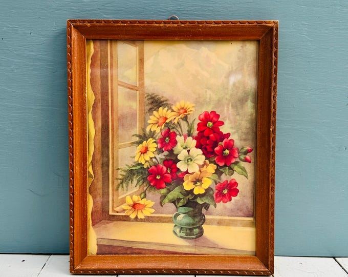 Vintage 1940s Floral Lithograph Print Framed Wall Art Cottagecore Window Flower Bouquet Decor