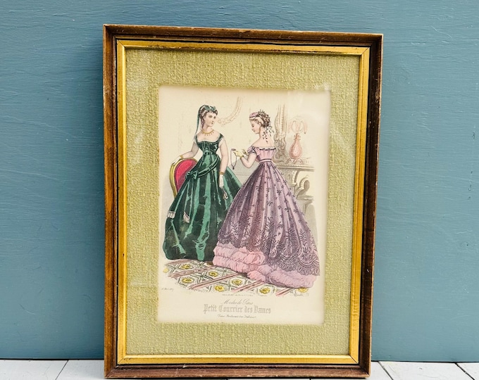 Vintage Late 1800s French Fashion Print Framed Victorian Ladies Cottagecore Wall Decor, "Petit Courrier des Dames"