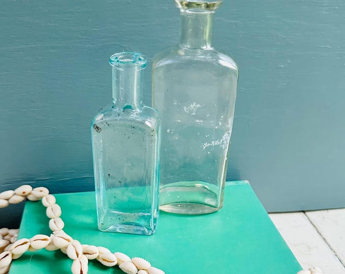 Antique Apothecary Bottles Set of 2 Aqua Glass Medicine Bottles Primitive Pharmacy Decor Rustic Farmhouse Display