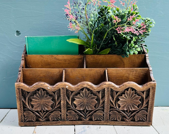 Vintage Lerner Faux Carved Wood Mail Organizer Letter Holder Desktop Desk Organizer Magazine File Boho Office Storage
