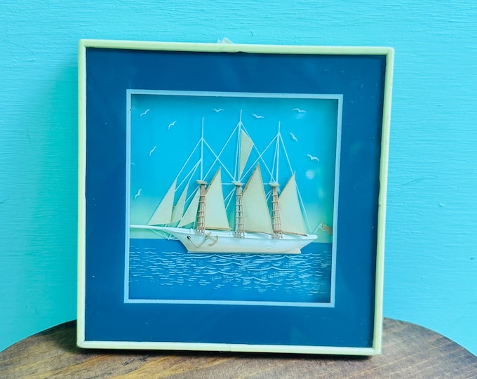 Vintage Nautical Ship Wall Art 3D Cork Sailing Ship Picture Coastal Beach Cottage Decor Framed Maritime Seascape Shadow Box Art