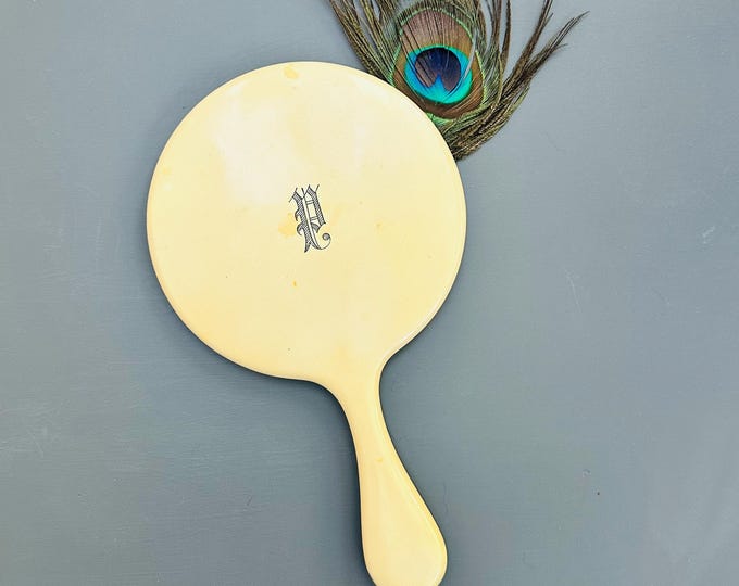 Vintage Celluloid Hand Mirror with Gothic Monogram “P” | Ivory Vanity Mirror | Art Deco Boudoir Decor
