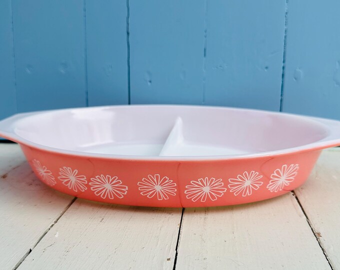 Vintage Pyrex Pink Daisy Divided Casserole Dish, 063, Cottage Rose JAJ Pyrex 1 1/2 quart Dish