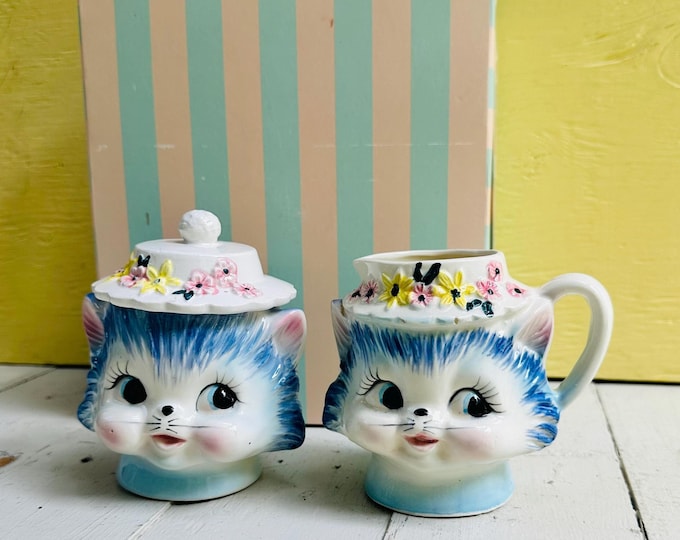 Rare Vintage Lefton Miss Priss Cat Sugar and Creamer Set, Side Eye Lefton Cat, Lefton Top Hat Cat, 1950s Anthropomorphic Cat Tea Set